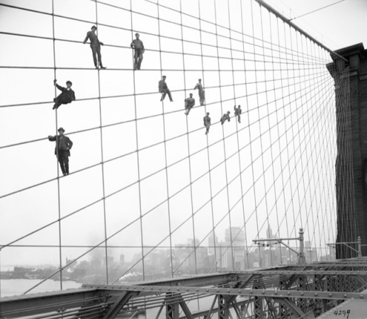 Painters on the cables of the Brooklyn Bridge, October 7, 1914
